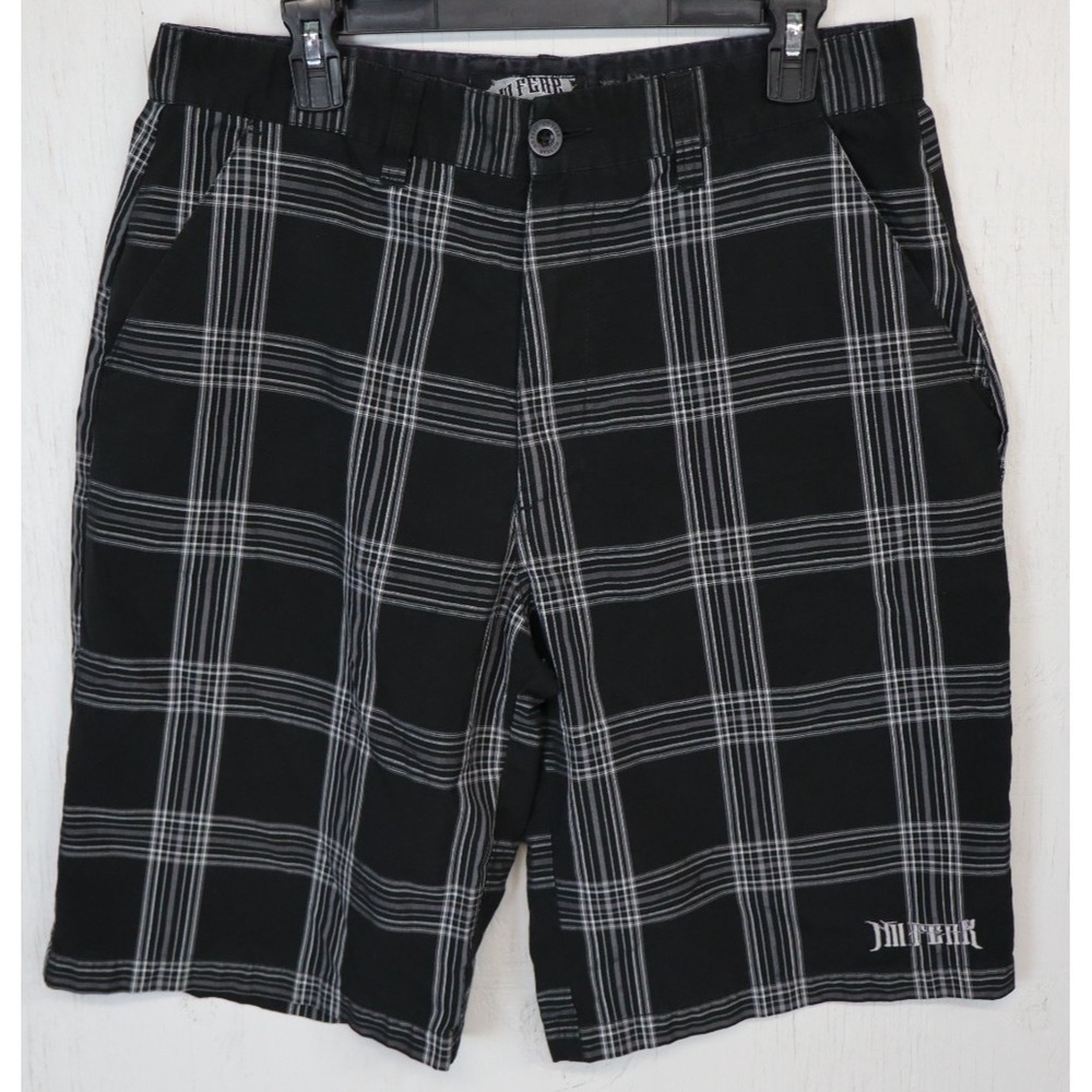 Mens NO FEAR Plaid Shorts Size 33 Black White Vintage Y2K Cotton
